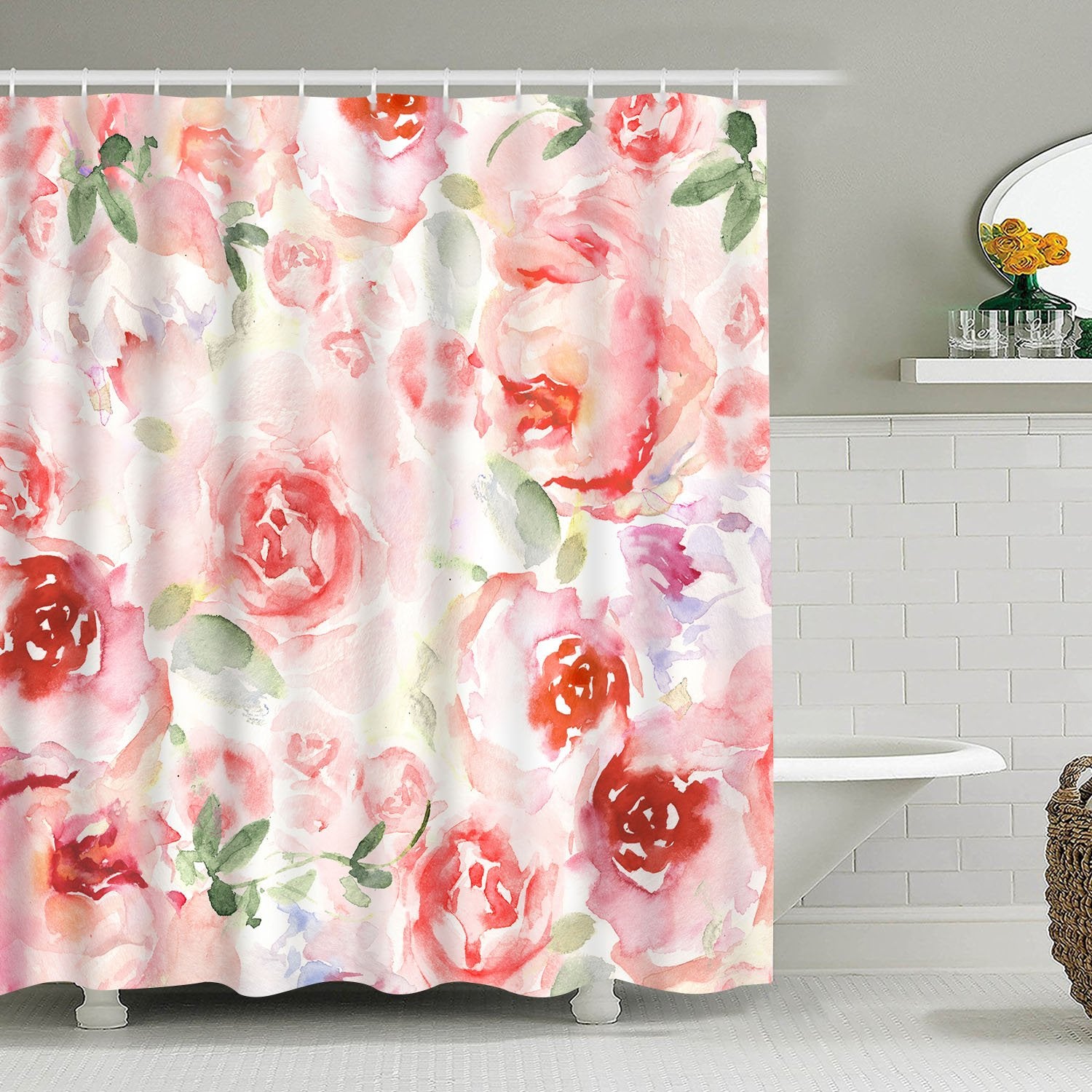 Bathroom Shower Curtain Romantic Watercolor Flowers Shower Curtains, Durable Fabric Bathroom Curtain Waterproof Bath Curtain Set with 12 Hooks