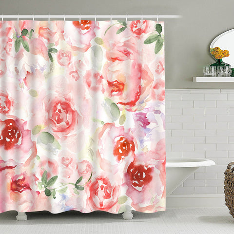 Bathroom Shower Curtain Romantic Watercolor Flowers Shower Curtains, Durable Fabric Bathroom Curtain Waterproof Bath Curtain Set with 12 Hooks