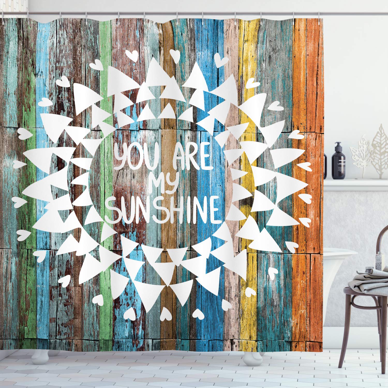 Ambesonne Rustic Decor Collection, Love Quotes You are My Sunshine on Wooden Planks Sun Lights, Polyester Fabric Bathroom Shower Curtain Set with Hooks, Orange White Green Yellow Blue