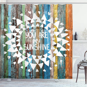 Ambesonne Rustic Decor Collection, Love Quotes You are My Sunshine on Wooden Planks Sun Lights, Polyester Fabric Bathroom Shower Curtain Set with Hooks, Orange White Green Yellow Blue