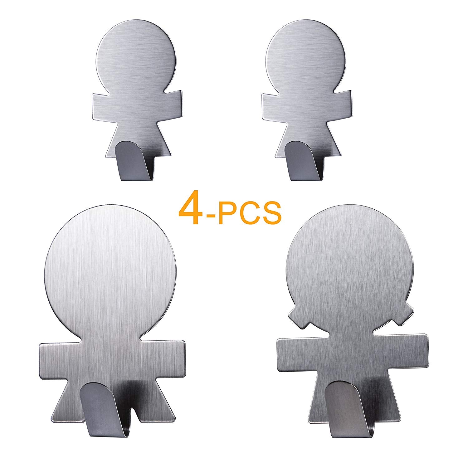 DUELEPHANT Self Adhesive Hooks, 3M Heavy Duty Wall Hooks Stainless Steel Ultra Strong Waterproof Hanger for Robe, Coat, Towel, Keys, Bags, Home, Kitchen, Bathroom (4 pack Parents & Children)