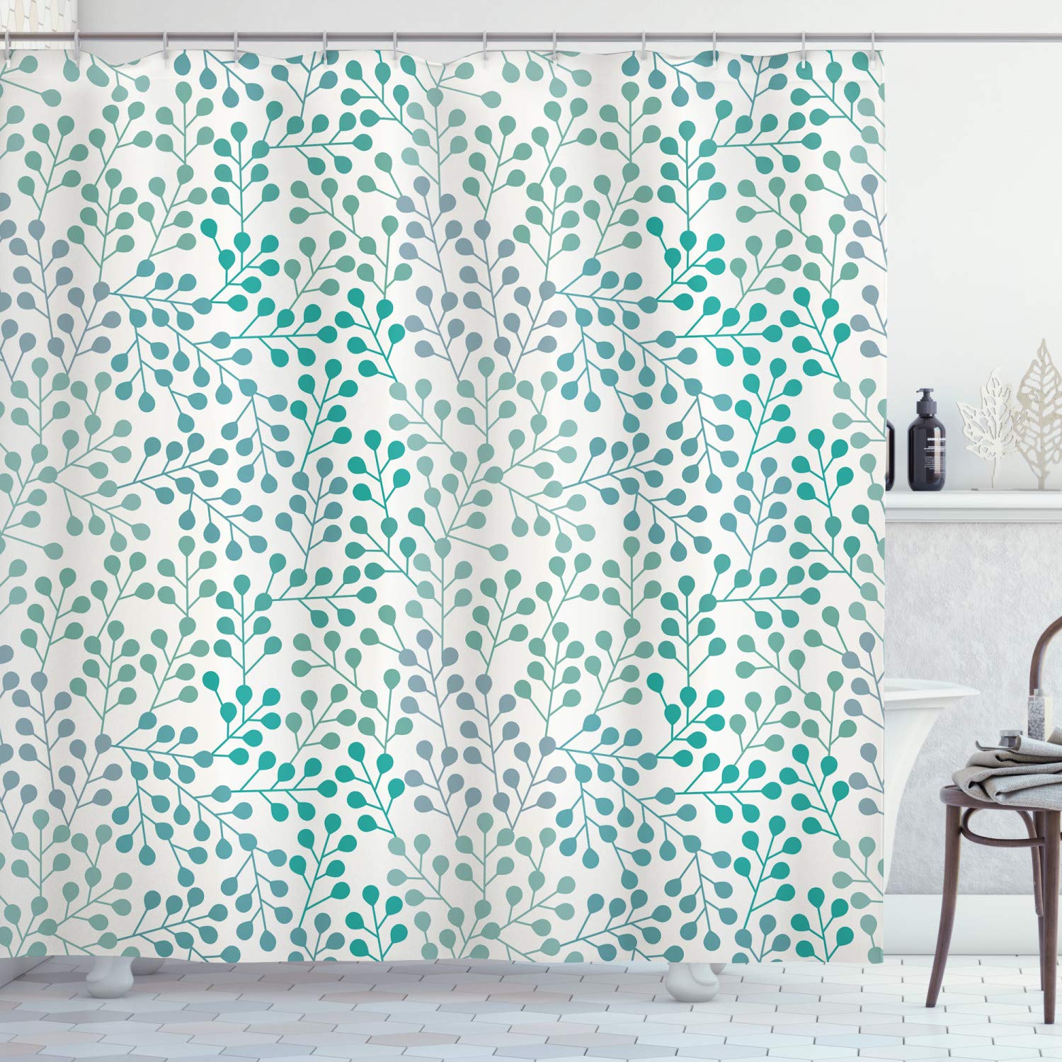 Ambesonne Romance Shower Curtain, Branch in Old Fashioned Romantic Minimalist Style Simplistic Artwork Print, Cloth Fabric Bathroom Decor Set with Hooks, 75" Long, White Teal
