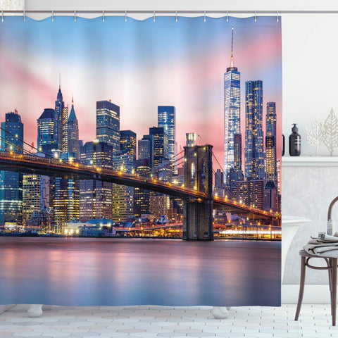 Ambesonne New York Shower Curtain, Brooklyn Bridge and Lower Manhattan Skyline Under Pink Sunrise Long Exposure Art Image, Fabric Bathroom Decor Set with Hooks, 84 Inches Extra Long, Blue Pink