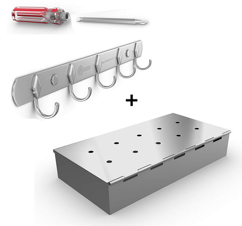 Hook Rack for BBQ Utensils + Smoker Box for Grill Wood Chips - 25% THICKER STAINLESS STEEL WON'T WARP - Coal or Gas Barbecue Meat Smoking with Hinged Lid - Best Grilling Accessories Gift for Dad