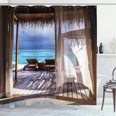 Ambesonne Coastal Decor Shower Curtain by, Luxury Romantic Wooden Bungalow on the Water Deckchairs Maldives Beach, Fabric Bathroom Decor Set with Hooks, 75 Inches Long, Brown Aqua Blue