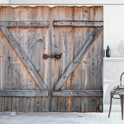 Ambesonne Rustic Shower Curtain, Old Wooden Garage Door American Native Country Farm Style Artwork Image, Cloth Fabric Bathroom Decor Set with Hooks, 70" Long, Bronze Charcoal