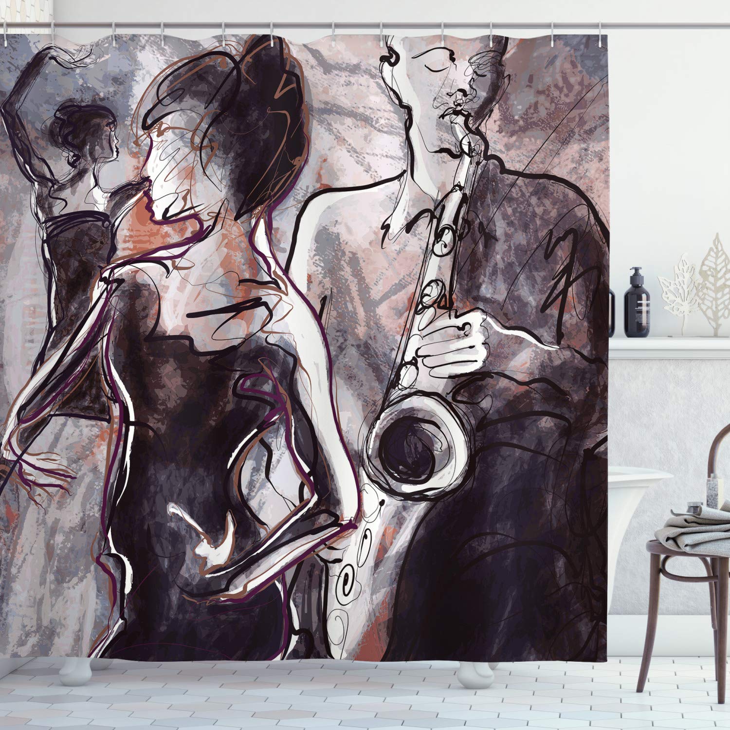 Ambesonne Jazz Music Decor Shower Curtain, Illustration of Jazz Man Playing The Saxophone with Dancers Classic Home Decor, Bathroom Set with Hooks, 75 Inches Long, Brown Mauve