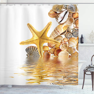 Ambesonne Seashells Shower Curtain, Shells and Starfish Reflection Water Golden Yellow Spa Clear Beach Theme, Fabric Bathroom Decor Set with Hooks, 70 Inches, Earth Yellow Cream