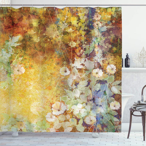 Ambesonne Leaves Shower Curtain Floral Decor Collection, Watercolor Painting Flowers Soft Green Romantic Grunge Antique Vintage, Polyester Fabric Bathroom Set with Hooks, Yellow Brown Multicolored