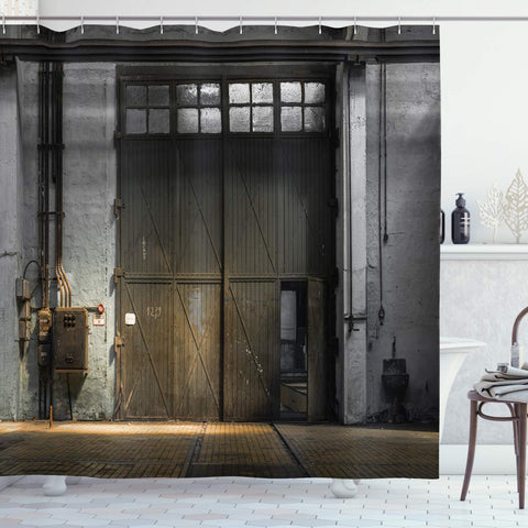 Ambesonne Industrial Shower Curtain, Enter of an Old Factory Building from 50s Broken Rusty Door Empty Storage Photo, Cloth Fabric Bathroom Decor Set with Hooks, 70" Long, Grey Brown