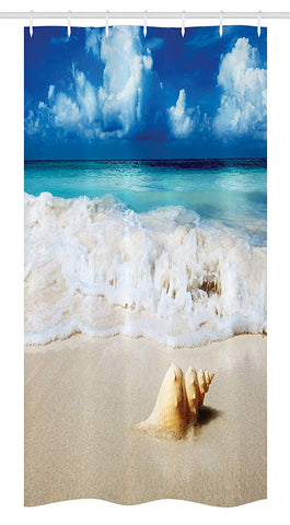 Ambesonne Seashells Stall Shower Curtain, Nautical Picture of Sunny Sandy Coastline Caribbean Ocean with Waves, Fabric Bathroom Decor Set with Hooks, 36 W x 72 L Inches, Sand Brown Aqua Blue