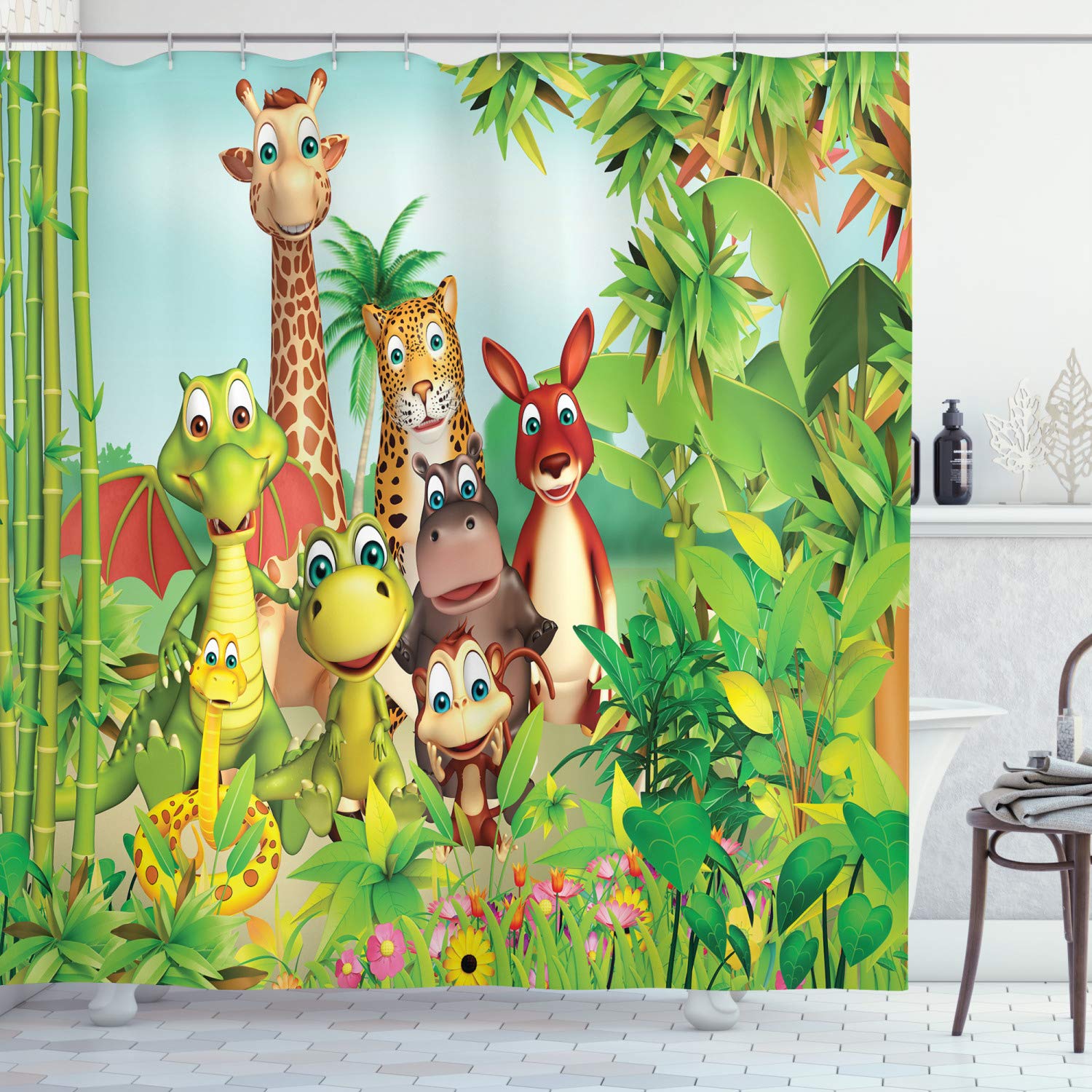 Ambesonne Cartoon Decor Shower Curtain by, Cute Animals Giraffe Tiger Snake Dinosaur Hippo Monkey in Jungle Kids Baby Theme, Fabric Bathroom Decor Set with Hooks, 84 Inches Extra Long, Green