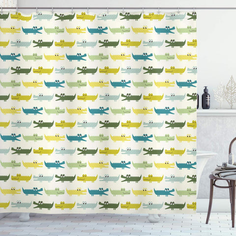 Ambesonne Animal Shower Curtain, Crocodile Characters in Cartoon Style Funny Faces Animal Alligators Childish, Cloth Fabric Bathroom Decor Set with Hooks, 70" Long, Yellow Green