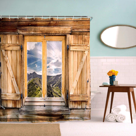 BROSHAN Farmhouse Shower Curtain Polyester,Vintage Wooden Window Door Mountain Sky Scenery Country Fabric Bathroom Set,Rustic Bathroom Decor Shower Curtain with Hooks,72 Inch Long