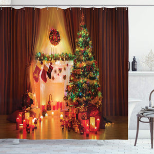 Ambesonne Christmas Decorations Collection, Christmas Spirit in the House with Lights and Decorative Objects Peaceful Place Photo, Polyester Fabric Bathroom Shower Curtain Set with Hooks, Multi