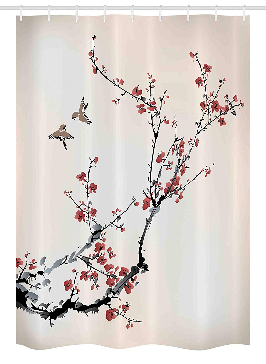 Ambesonne Nature Stall Shower Curtain, Cherry Branches Flowers Buds and Birds Style Artwork with Painting Effect, Fabric Bathroom Decor Set with Hooks, 54" X 78", Black Burgundy