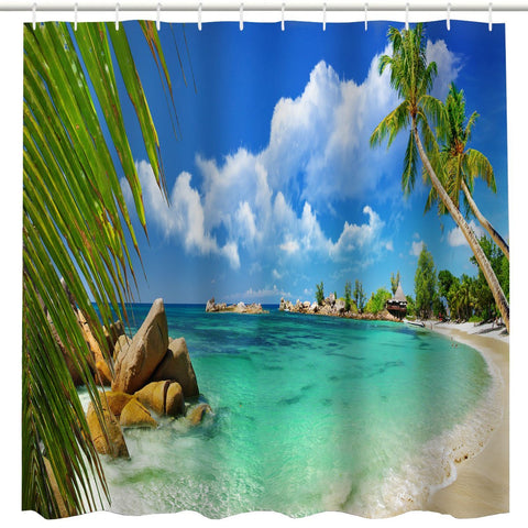 BROSHAN Tropical Beach Decor Shower Curtain Fabric,Hawaiian Palm Tree Ocean Coastal Beach Seaside Scenic Art Print Bathroom Curtain,Polyester Waterproof Fabric Bath Accessories with Hooks,72x72 Inch