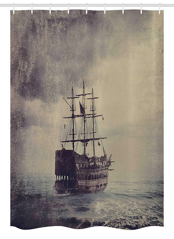 Ambesonne Nautical Stall Shower Curtain, Old Pirate Ship in The Sea Historical Cruise Retro Voyage Grunge Style Art, Fabric Bathroom Decor Set with Hooks, 54" X 78", Tan Plum