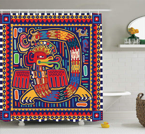 "Ambesonne Mexican Shower Curtain, Aztec Culture Pattern Ethnic Colorful Mythology Artwork Ancient Snake, Fabric Bathroom Decor Set with Hooks, 75 Inches Long, Indigo Mustard Orange"