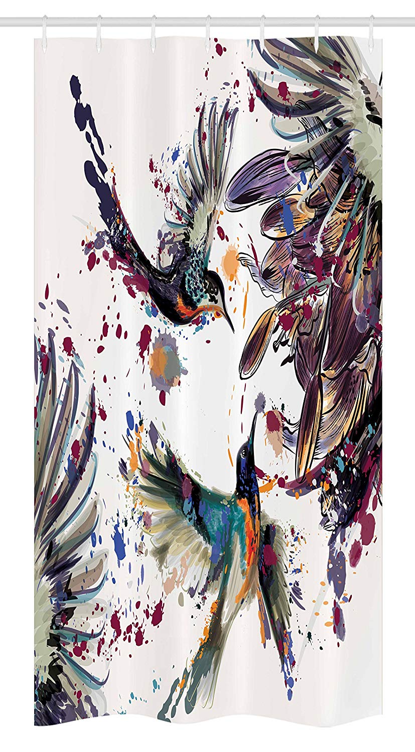 Ambesonne Hummingbird Stall Shower Curtain, Art with Lily Flowers Birds and Color Splashes in Watercolor Painting Style, Fabric Bathroom Decor Set with Hooks, 36 W x 72 L inches, Orange Blue