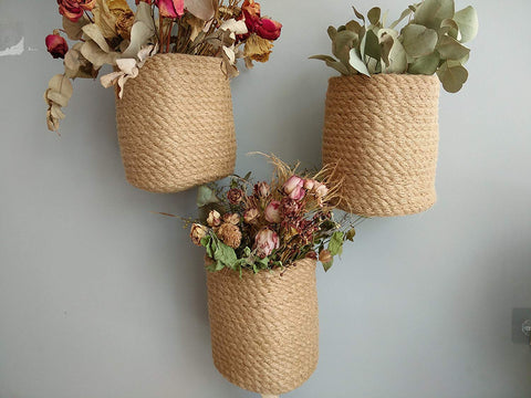 Wall Mounted Jute Storage Baskets -3 pcs- Hanging Door Knob Baskets Indoor Herb Garden Baskets, Plant Hanger, Coat Rack Wall Garden Hook Storage Hanging Pocket Planter Baskets Cubbie Shelf