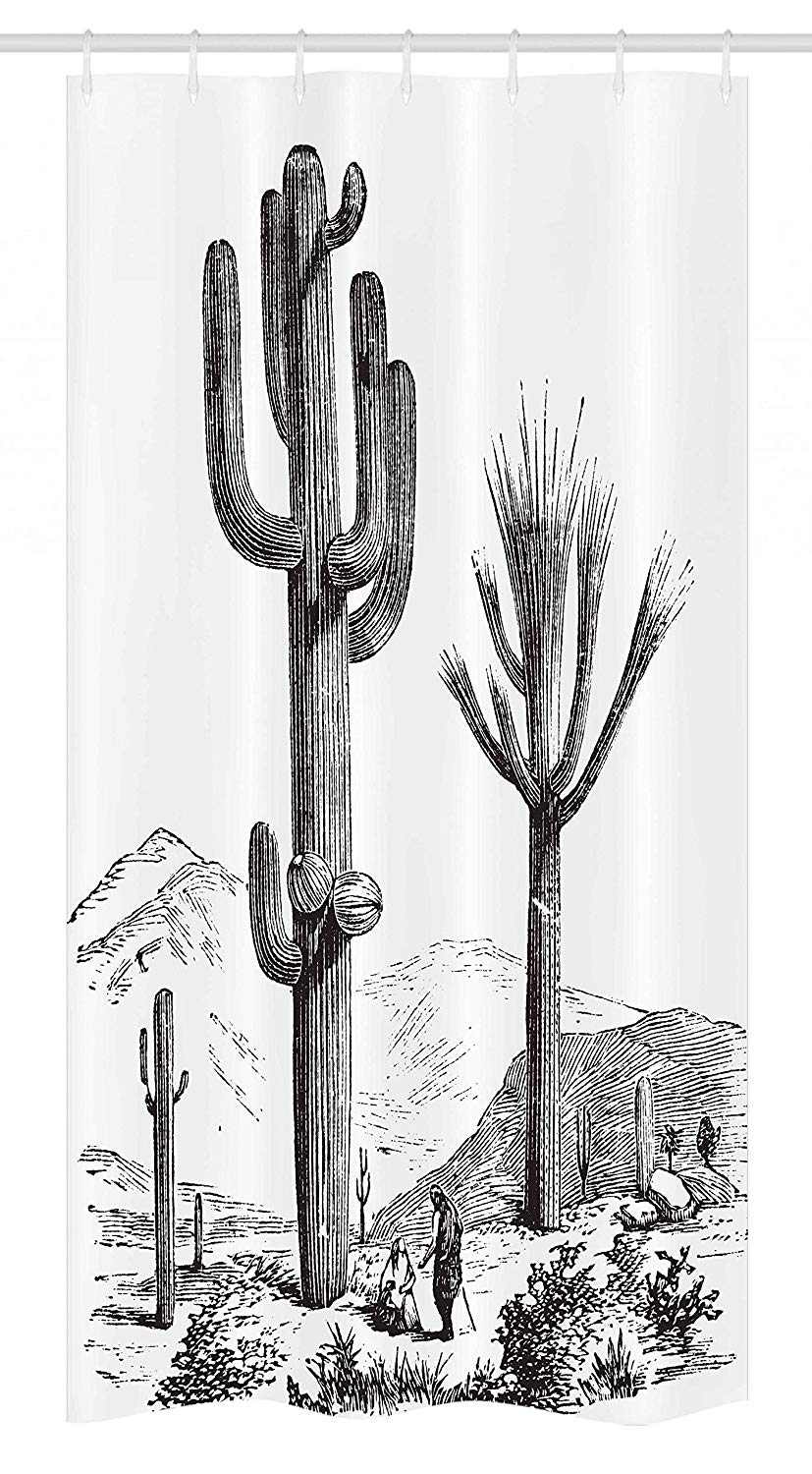 Ambesonne Cactus Stall Shower Curtain, Sketchy Hand Drawn Print of Desert Plants with Mexican Travellers Image, Fabric Bathroom Decor Set with Hooks, 36" X 72", Charcoal Grey