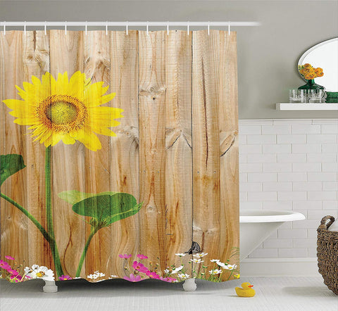Sunflower Shower Curtain Set with Hooks by Ambesonne, Sunflower Painting on Wooden Background Vertical Timber Countryside Fence Picture Print, Yellow Green and Light Brown