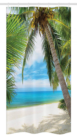 Ambesonne Ocean Stall Shower Curtain, Shadow Shade of a Coconut Palm Tree on White Sandy Seashore Image, Fabric Bathroom Decor Set with Hooks, 36" X 72", Green Blue