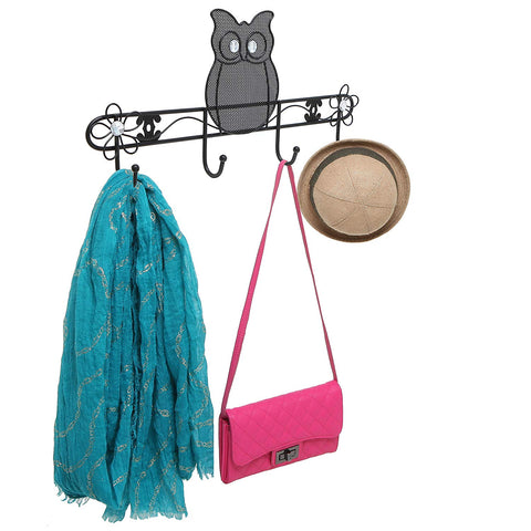Owl & Flowers Design Black Metal Wall Mounted Wire Mesh Coat Rack / 4 Hook Hanging Storage Organizer
