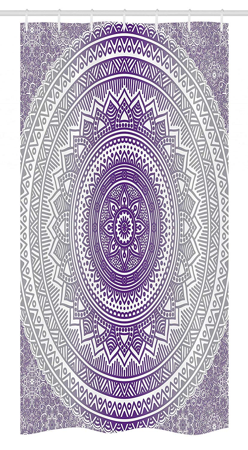 Ambesonne Grey and Purple Stall Shower Curtain, Eastern Traditional of Cosmos Pattern Boho Ombre Mandala Design Print, Fabric Bathroom Decor Set with Hooks, 36" X 72", Purple White