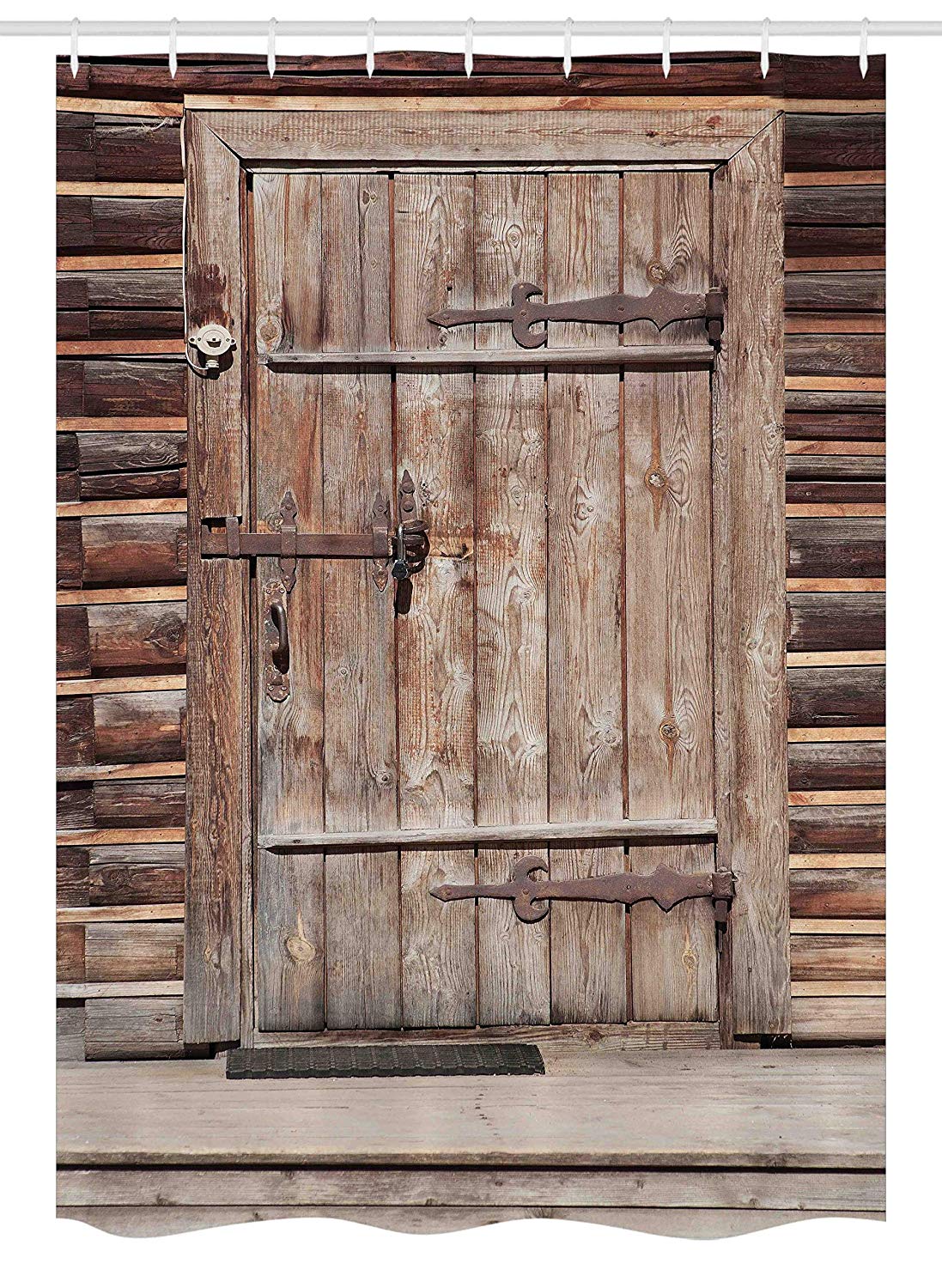 Ambesonne Rustic Stall Shower Curtain, Timber Rustic Door in Wall of an Old Log House Abandoned Building Entrance Gate, Fabric Bathroom Decor Set with Hooks, 54" X 78", Light Brown
