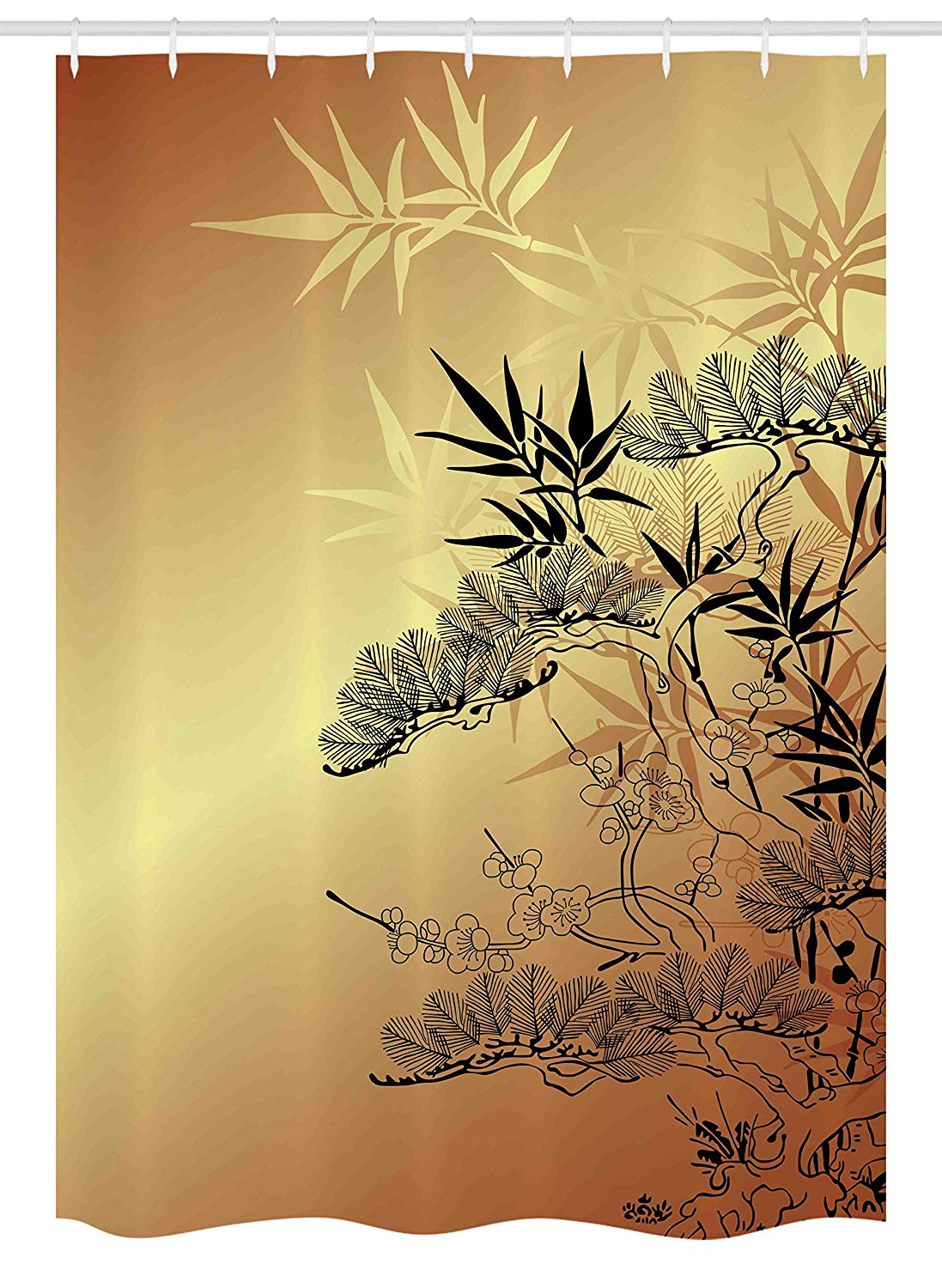 Ambesonne Japanese Stall Shower Curtain, Branches and Bamboo Motifs with Showy Fragrant Leaves Nature Illustration, Fabric Bathroom Decor Set with Hooks, 54" X 78", Sepia Black
