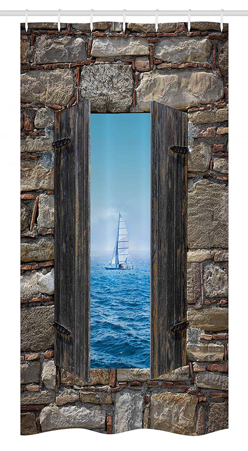 Ambesonne Nautical Stall Shower Curtain, Image of a Sailing Boat from Stone Window Narrow Perspective Idyllic Mediterranean, Fabric Bathroom Decor Set with Hooks, 36" X 72", Turquoise Brown