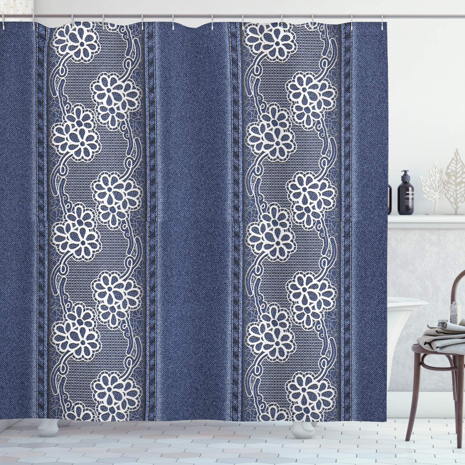 Ambesonne Floral Shower Curtain by, Blue Jeans Background with White Flower Motifs Pattern Denim Themed Digital Print, Fabric Bathroom Decor Set with Hooks, 75 Inches Long, Blue White