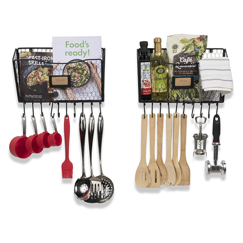 Wall35 Felic Hanging Kitchen 2 Chicken Wire Basket with 20 Hooks - Farmhouse Decor – Wall Mounted Organizer Rack - Utensil Storage Solution Black