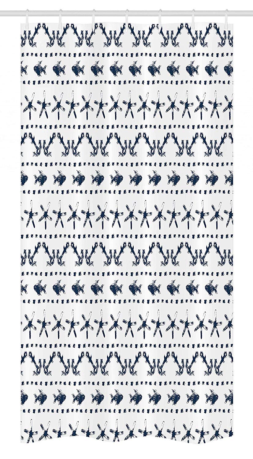 Ambesonne Navy Blue Stall Shower Curtain, Navy Yatch Themed Design with Fish Starfish and Anchor Nautical Marine Print, Fabric Bathroom Decor Set with Hooks, 36" X 72", Navy and White