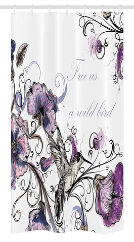 Ambesonne Hummingbird Stall Shower Curtain, Flowers Leaves Bird and Classic Patterns Curvy Lines Ornament Nostalgic Art, Fabric Bathroom Decor Set with Hooks, 36" X 72", Purple Black