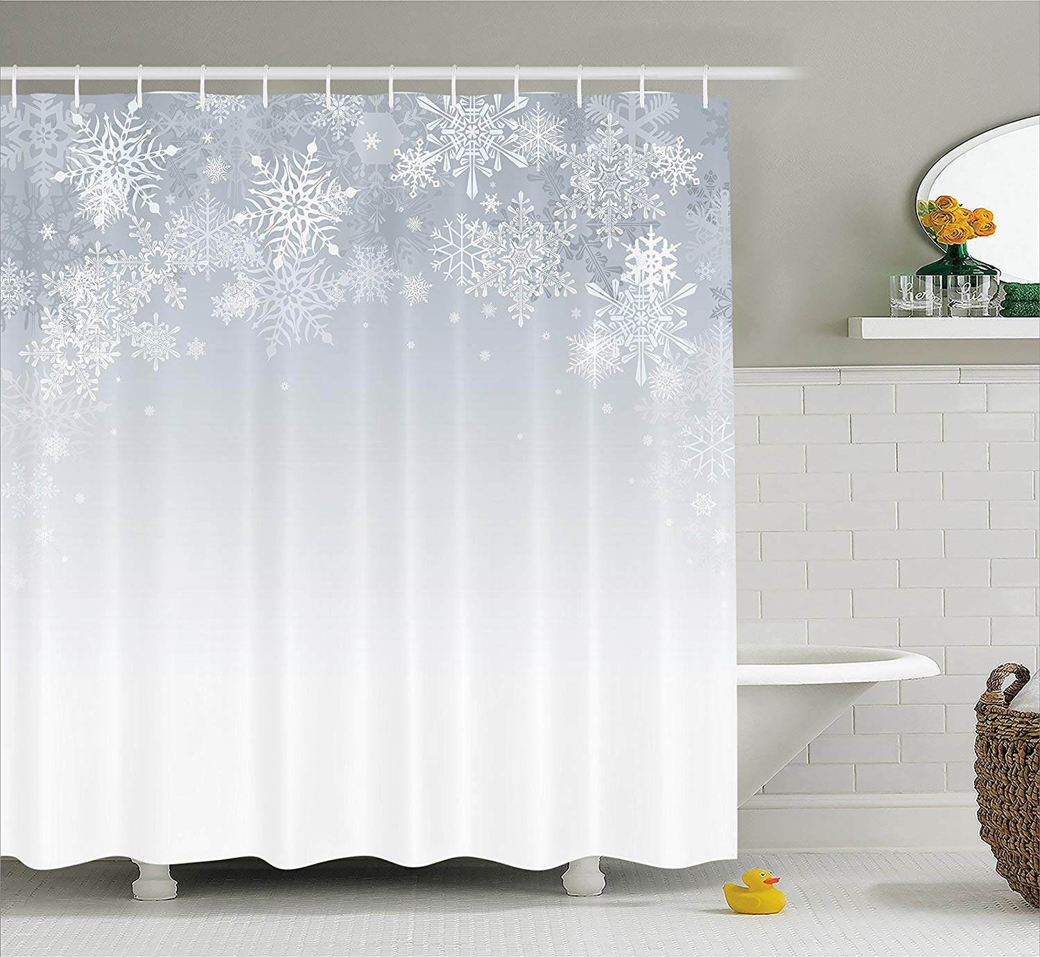 Ambesonne Winter Shower Curtain, Christmas Background with Snowflake Shapes Ornamental Design on Plain Backdrop, Cloth Fabric Bathroom Decor Set with Hooks, 70" Long, Blue Grey