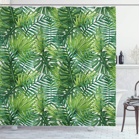 Ambesonne Leaf Shower Curtain, Tropical Exotic Banana Forest Palm Tree Leaves Watercolor Design Image, Cloth Fabric Bathroom Decor Set with Hooks, 75" Long, Green