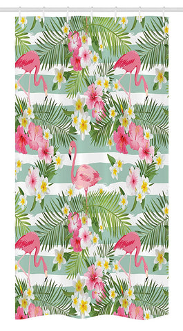 Ambesonne Flamingo Stall Shower Curtain, Flamingos with Exotic Hawaiian Leaves Flowers on Striped Vintage Background, Fabric Bathroom Decor Set with Hooks, 36" X 72", Green Pink
