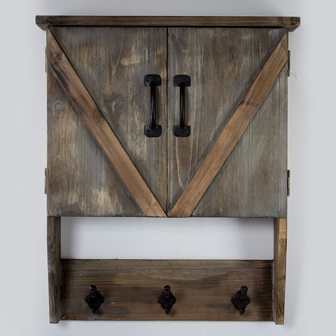 American Art Décor Rustic Wood Storage Cabinet with Shelves and Hooks - Vintage Country Farmhouse Décor