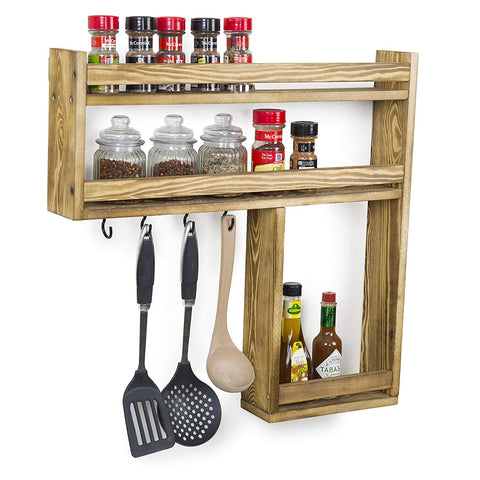 MyGift Wall-Mounted Burnt Wood 3-Tier Condiment & Spice Rack with Kitchen Utensil Hooks