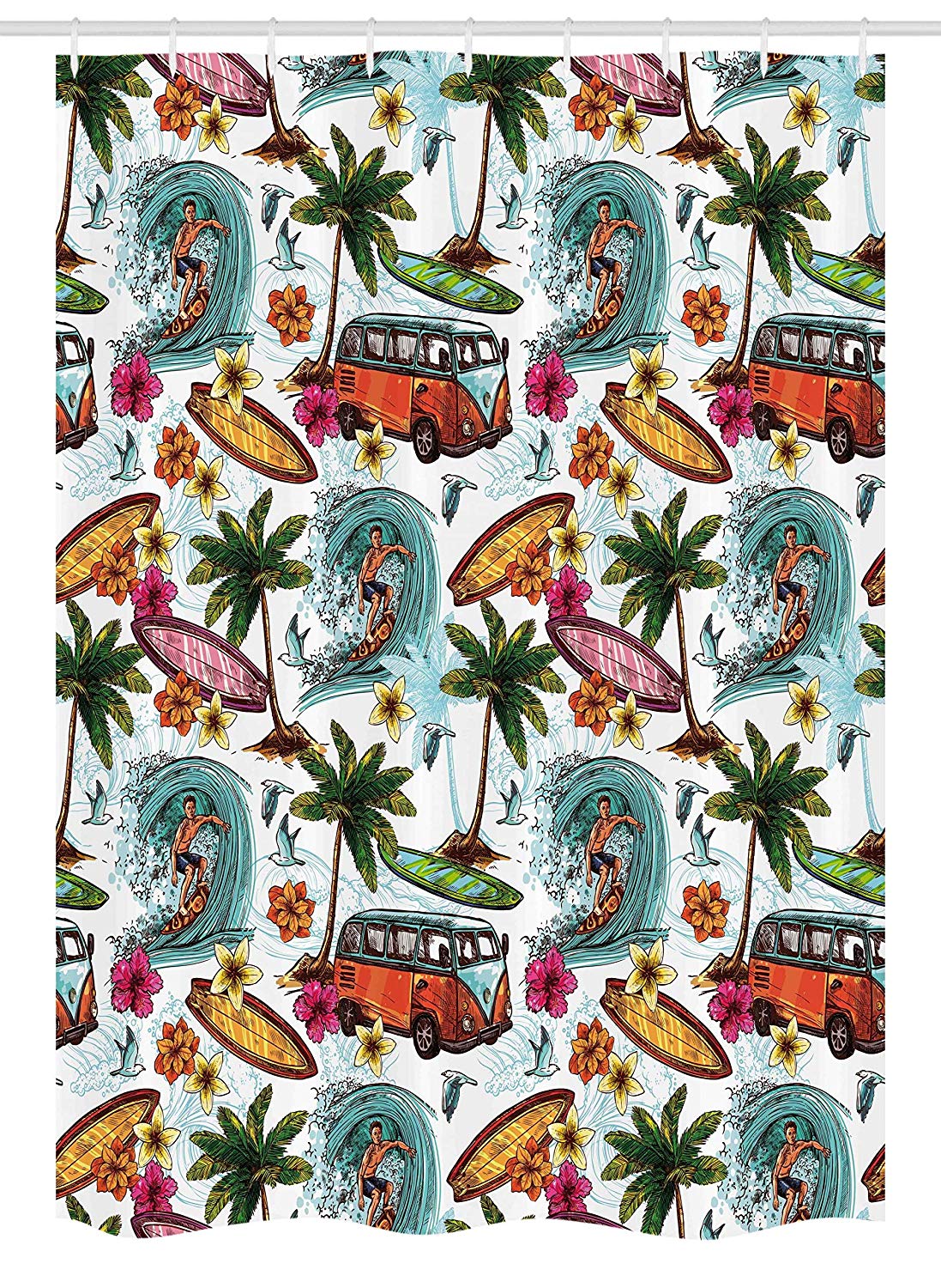 Ambesonne Ocean Stall Shower Curtain, Hawaiian Surfer on Wavy Deep Sea Retro Style Palm Trees Flowers Surf Boards Print, Fabric Bathroom Decor Set with Hooks, 54" X 78", White Teal