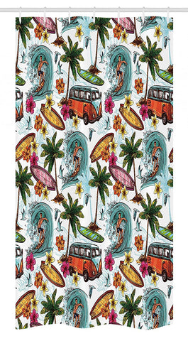 Ambesonne Ocean Stall Shower Curtain, Hawaiian Surfer on Wavy Deep Sea Retro Style Palm Trees Flowers Surf Boards Print, Fabric Bathroom Decor Set with Hooks, 36" X 72", Multicolor