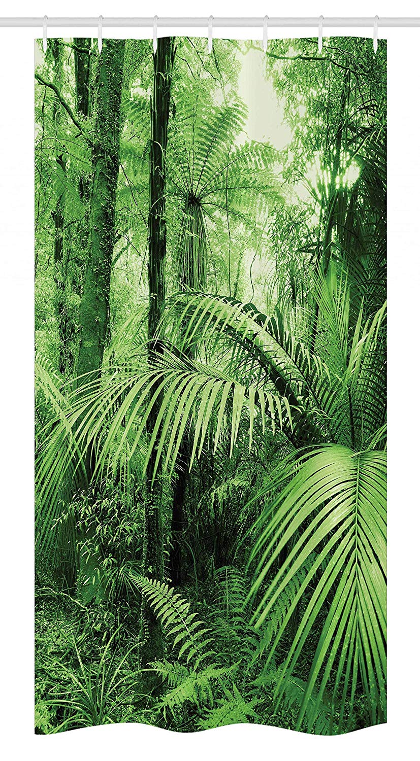 Ambesonne Rainforest Stall Shower Curtain, Palm Trees and Exotic Plants in Tropical Jungle Wild Nature Theme Illustration, Fabric Bathroom Decor Set with Hooks, 36" X 72", Green
