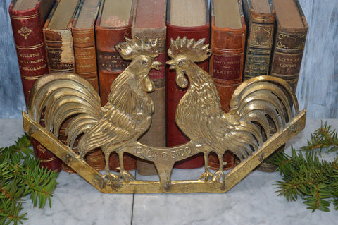 Antique French Roosters Kitchen Brass Towel Hook Utensils Rack