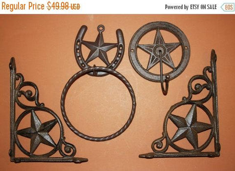 4) Lone Star Western Americana bath decor, Shelf brackets, bath towel hook, towel ring,cast iron cowboy decor, gift for him