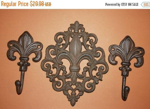 3) Fleur De Lis bath decor, 9 1/2 inch cast iron Fleur De Lis wall hook, free shipping, Fleur De Lis towel hooks, Saints, F-10,12