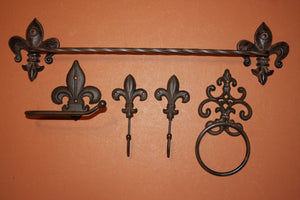 5) Antique-look Cajun Creole Bath Set of Fleur De Lis Towel Bar Ring Towel Hooks Toilet Paper Holder Set of 5 pieces