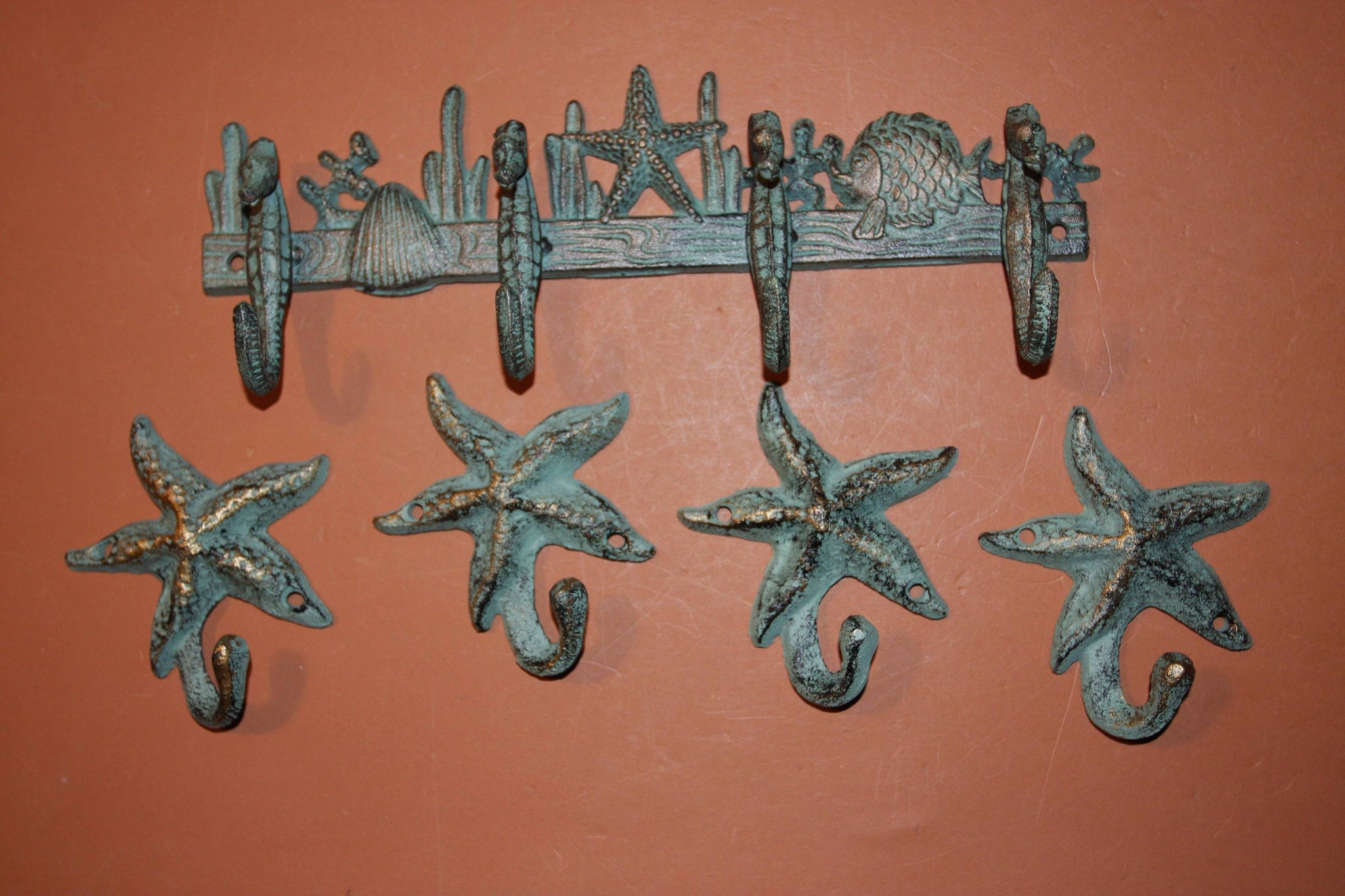 5) Vintage-look Coastal Wall Hook Set, Free Shipping, Cast Iron Bronze-look Seahorse Starfish, Coat Hat Towel Hooks, H-32,N-24